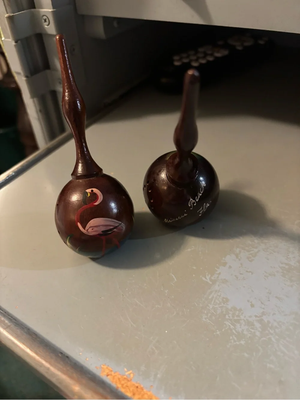Hand-Painted Wooden Salt &Pepper— Tropical Flamingo & Palm Design, Brown